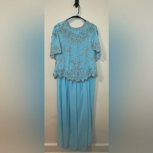 Woman’s Vintage Elegant Wear 2 pc 100% Silk Beaded Skirt Set Blue Sequins